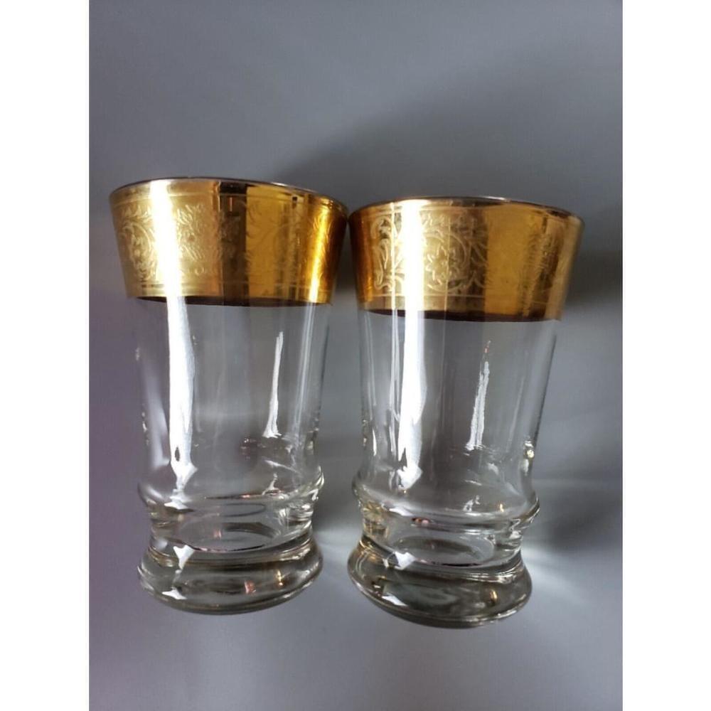 MCM Wide Gold Rim Etched Drinking Glasses Set Of 2 5.5", "Culver Style" 8oz